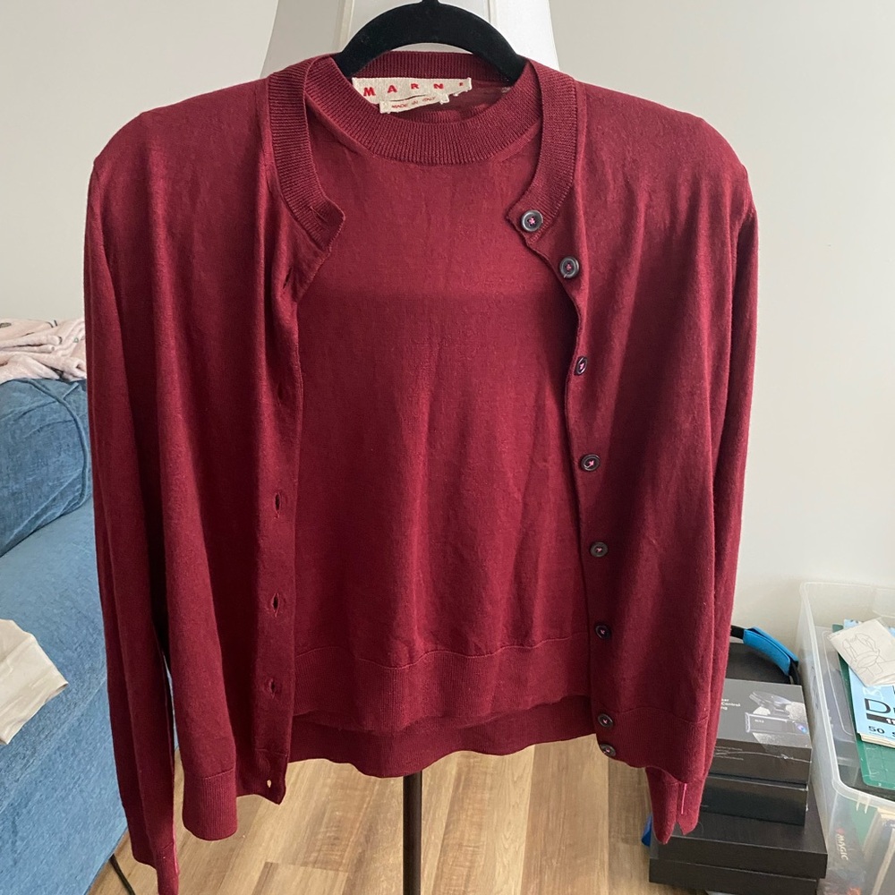 Marni Women's Red Colorblock Wool Cardigan and Top Set